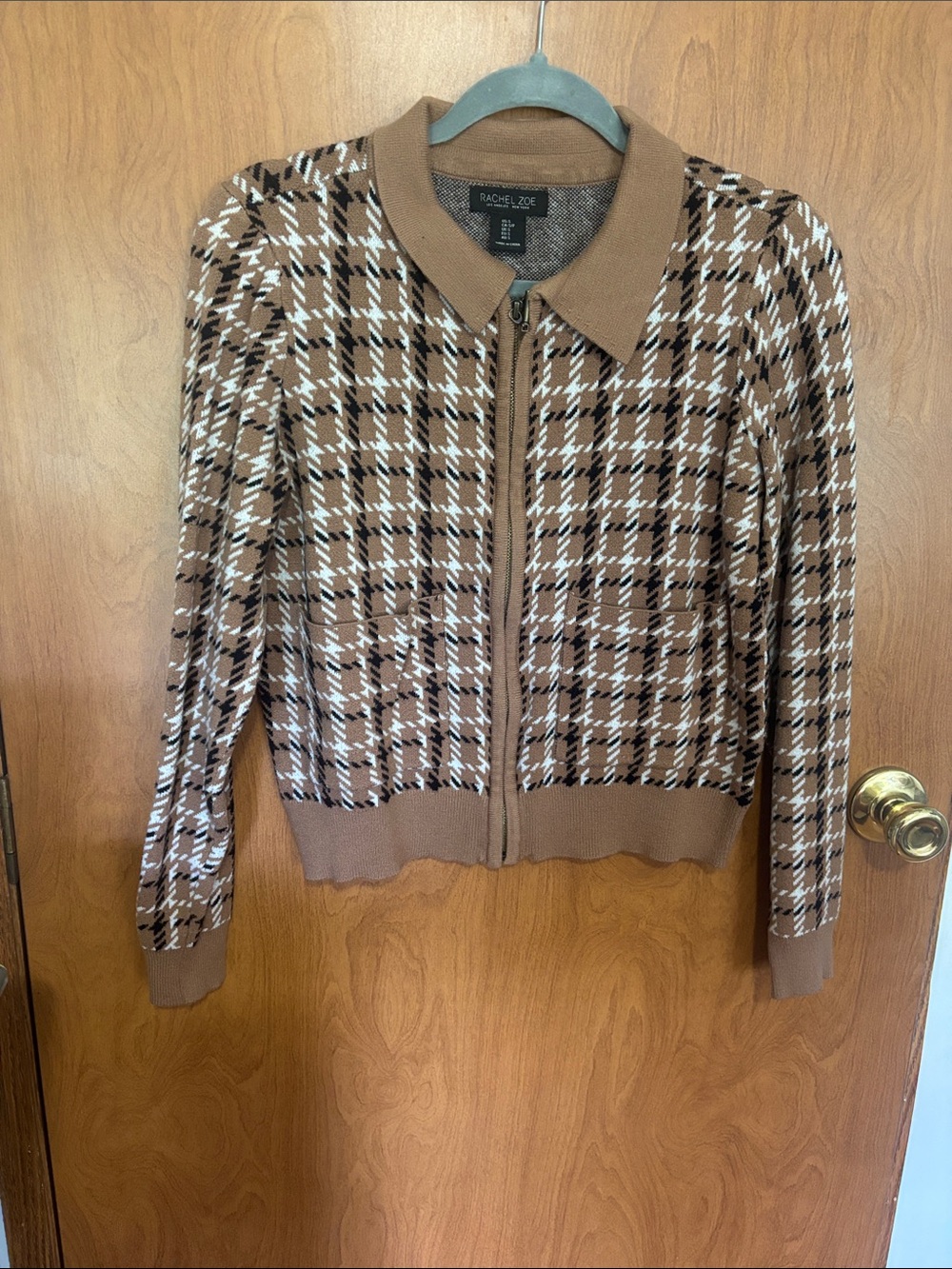 Rachel Zoe Brown Plaid Zip-Up Collared Knit Jacket